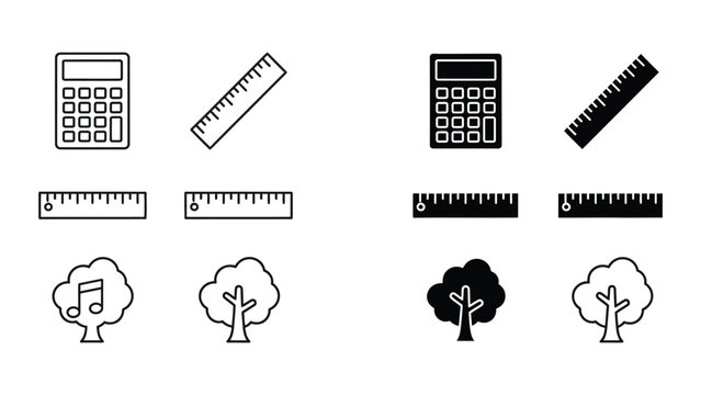 A collection of black and white icons featuring calculators, rulers, and trees on a clean white background.