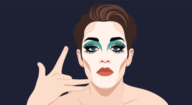 Close-up portrait of a person with dramatic drag queen makeup featuring bold green eyeshadow and a hand gesture against a dark background.