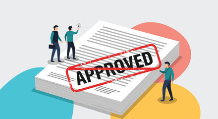 Obraz premium High-angle view of business people standing on top of a massive stack of documents marked with a red approved stamp in a conceptual business scene.