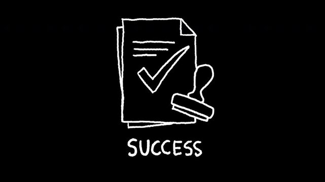 Hand drawn success document with checkmark and rubber stamp illustration, 4k animated video, alpha transparent video