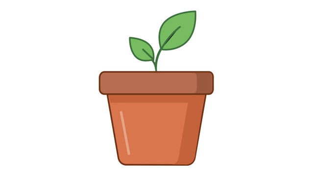 Minimalist flat vector icon illustration of a young green sprout with two leaves growing in a brown terracotta clay pot, symbolizing growth, nature, gardening, and sustainability, AI-generated.