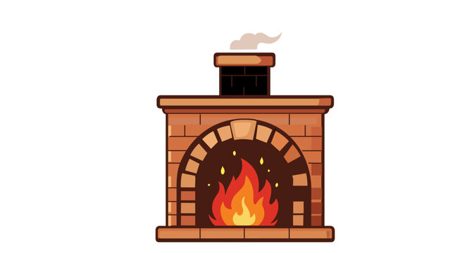 Cozy brick fireplace vector illustration with a bright orange fire burning inside and a small chimney with smoke, minimalist flat design icon for home interior, winter warmth, and domestic comfort.