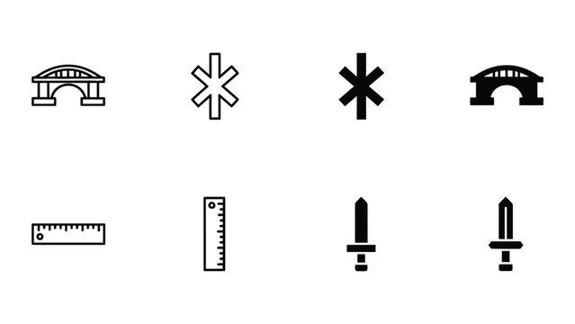 A set of black and white icons featuring various objects and symbols