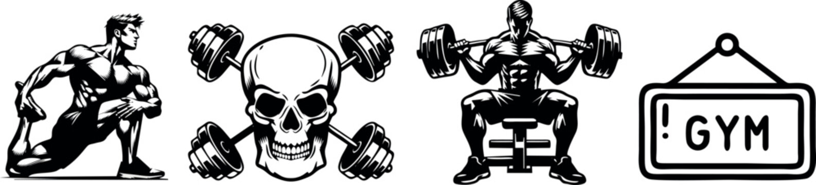 A set of four black and white fitness-themed illustrations isolated on a white background. The collection features a muscular athlete performing a leg stretch, a hardcore gym logo with a skull and cro