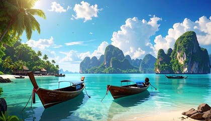 Fototapeta premium Stunning Thailand wallpaper in 8K resolution featuring an amazing view with boats
