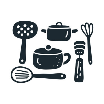 Kitchen utensils. Black and white naive doodle illustration.