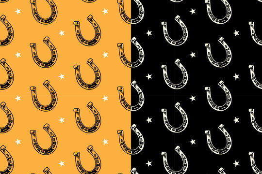 Horseshoe minimal hand drawn pattern background for luck themed. Lucky horseshoe vintage seamless pattern for western and rustic decor. Metal horseshoe retro repeat background for good fortune