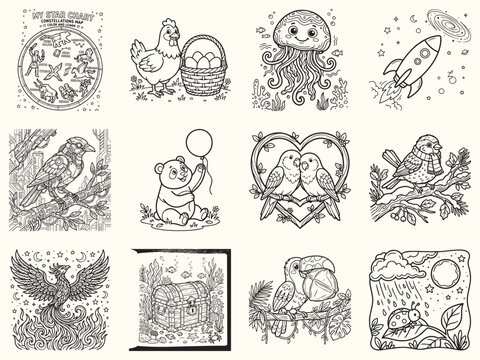 Educational star chart showing various constellations and zodiac signs for kids science coloring book page vector art