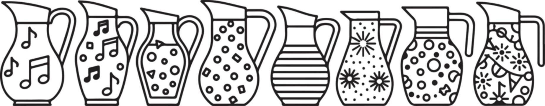 A collection of intricately patterned ceramic vases and jugs on display Vector