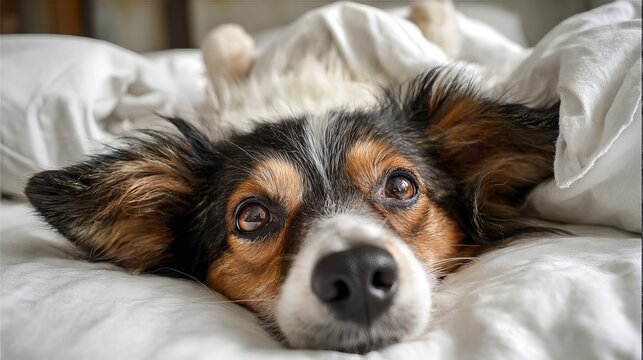 Funny dog relaxes on the bed, upside down.