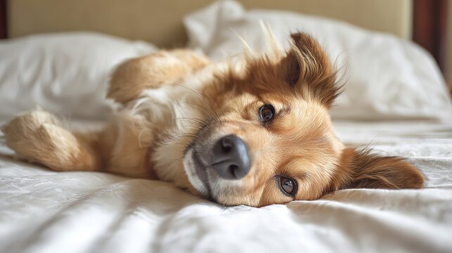 Funny dog relaxes on the bed, upside down.