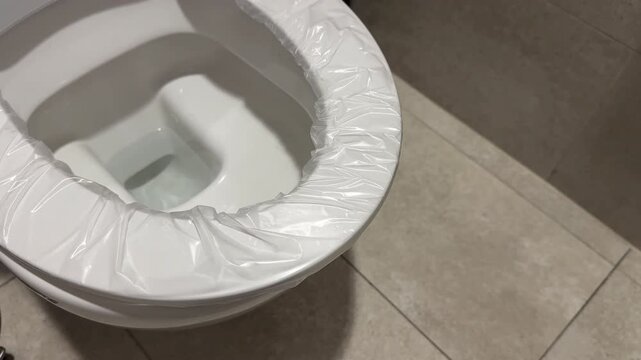 White Toilet Bowl with Disposable Plastic Hygienic Seat Cover in Public Restroom &mdash; Single Use Protective Film on Ceramic WC for Sanitary Protection, Travel Hygiene Accessory, Germ Prevention and Publi