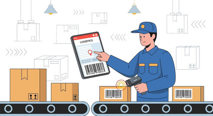 Naklejka premium Logistics worker scanning barcode on package at warehouse conveyor belt