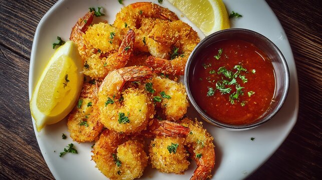 Golden air-fried shrimp sit with cocktail sauce, viewed from above.