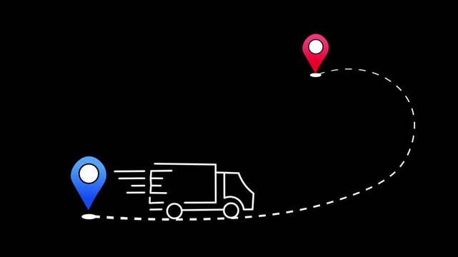 Delivery Truck On Dashed Route Line Between Two  Location Pins. Minimal line-style animation on Dark Background. logistics, shipping, GPS tracking, and parcel delivery services.