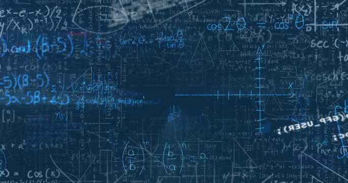 Animation of mathematical equations and data processing on blue background
