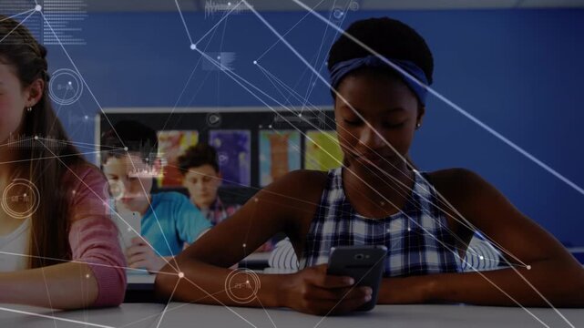 Animation of connections over happy diverse students using technology at school