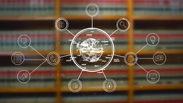 Animation of network of connections with icons and business text over library