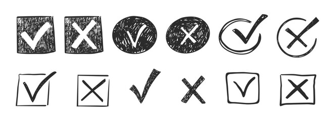 Check mark crayon scribble doodle, chalk texture, checkmark and red cross icon set, circle and square. Tick symbol. sketch checkboxes. © Alyona