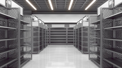 An aisle between rows of metal diamond grid double-sided display racks with blank topper in a supermarket. 3d illustration © Wire_man