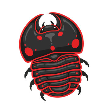 Detailed illustration of a stylized black and red trilobite beetle, showcasing its segmented body and distinctive carapace, isolated on a clean white background