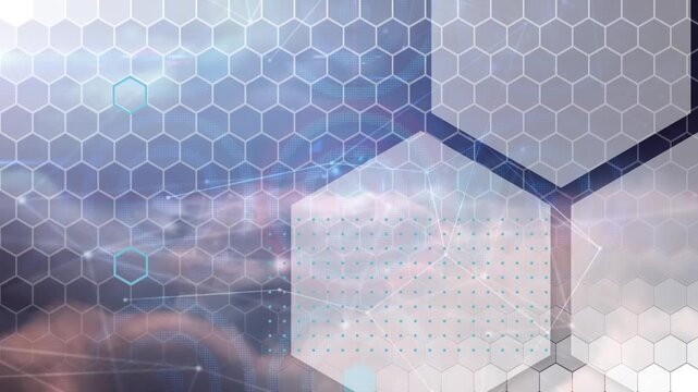 Animation of hexagons over network of connections on cloudy sky