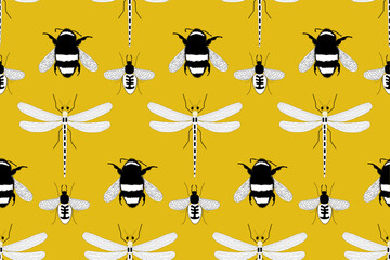 Seamless summer pattern with winged insects - a bumblebee, a dragonfly and a wasp on a yellow background for Nature Posters, Prints, Textile Fabric and Wallpaper Design © Sleepak