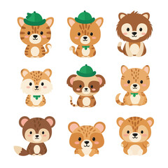 Obraz premium Cute Cartoon Forest Animals Set, Adorable Woodland Creatures with Green Hats