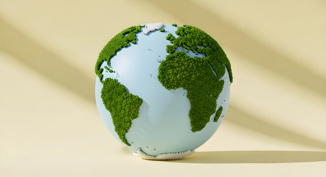 Green earth globe with moss on continents against beige background with shadows
