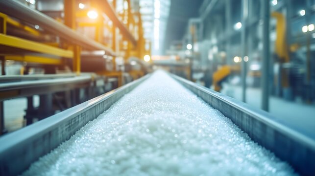 Close up of white plastic polymer granules on conveyor belt in manufacturing facility for industrial raw material production