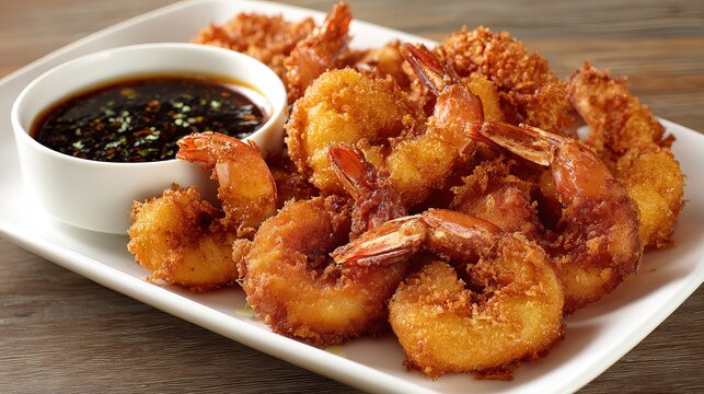 Crispy, golden fried shrimp sat with dipping sauce.