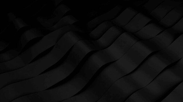 Black wavy ribbons moving in a smooth rhythmic flow to create a dark and elegant 3D texture background.