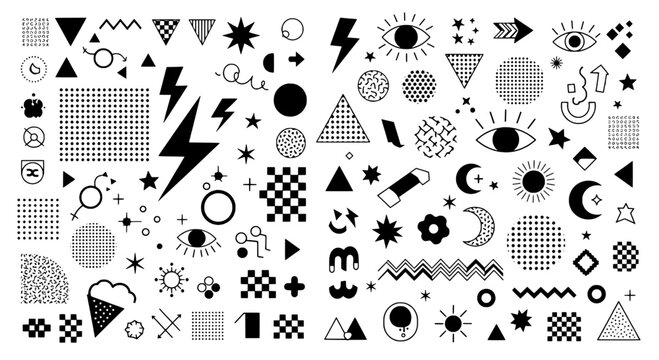 Shapes doodle set with abstract geometric elements, eyes, moons, stars, lightning bolts, and more. featuring icons, graphic, design with illustration