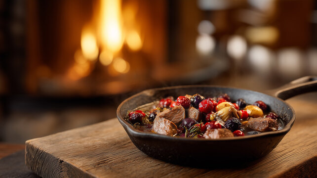 A hearty cast-iron skillet of steaming game meat stew with wild mushrooms, pearl onions, and red berries, set against a cozy fireplace background.