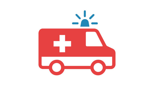 Red and White Ambulance Emergency Medical Vehicle Vector Icon Illustration with Blue Siren and Cross Symbol, Minimalist Flat Design for Healthcare, First Aid, Rescue, and Hospital Services.