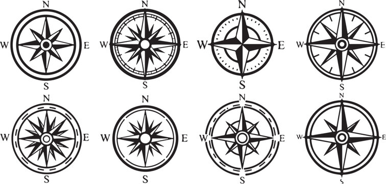 Compass roses showing different styles and line orientations Vector