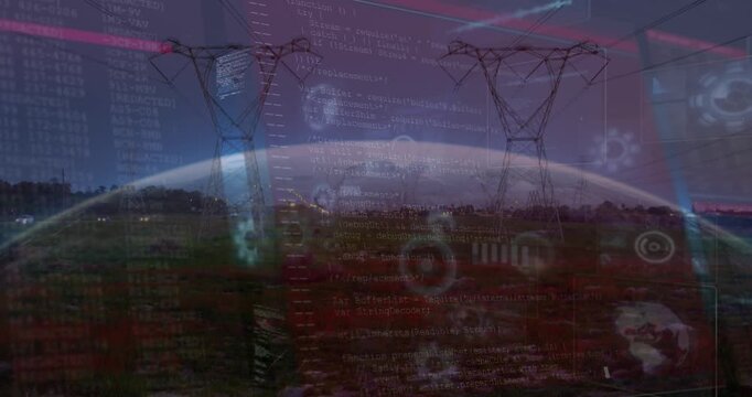 Animation of data processing on digital screens over electricity poles