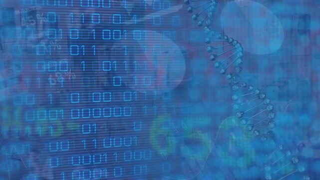 Animation of binary code, financial data and dna on blue background