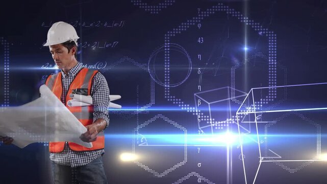 Animation of mathematical equations over caucasian male worker with schema