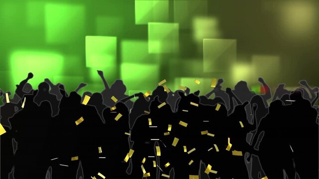 Animation of shapes and confetti over people dancing