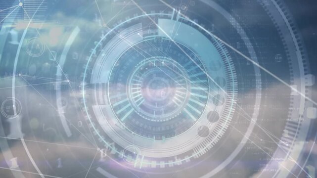 Animation of network of connections with data processing over scope scanning and sky with clouds