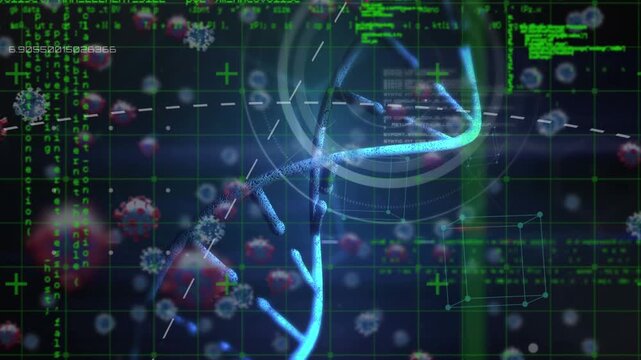 Animation of dna molecule with guilty text over floating cancer cells and programming language