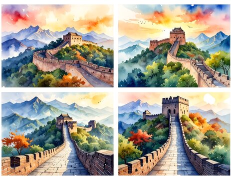 Watercolor set showing views of a long wall winding through mountainous terrain
