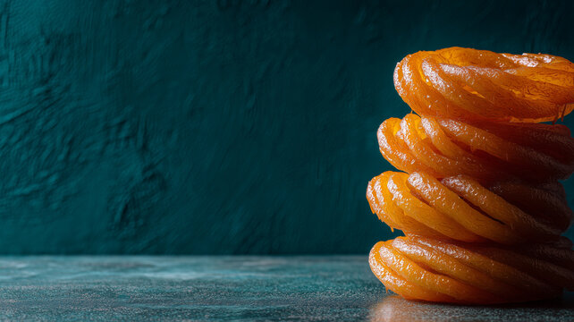 A vertical stack of crispy, syrupy orange jalebis, a popular South Asian dessert, against a textured dark teal background. High-end food photography.