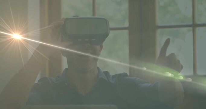 Animation of network of connections over schoolboy using vr headset