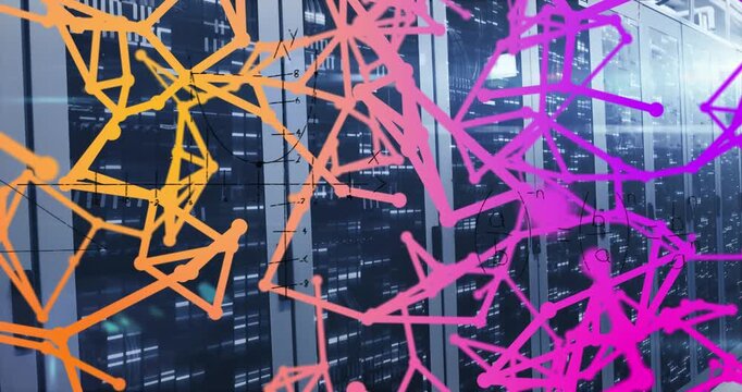 Animation of pink and orange network of connections and maths calculations over flashing servers