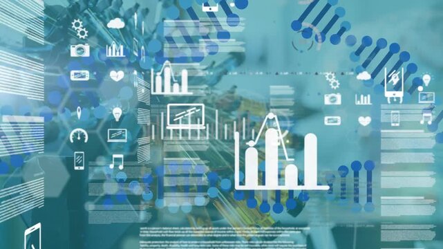 Animation of tech icons, graphs,dna and data over laboratory equipment