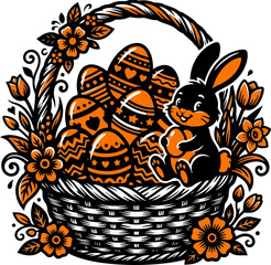 Obraz premium Easter Egg Basket with Bunny and Flowers Black Silhouette Orange Accent Vector