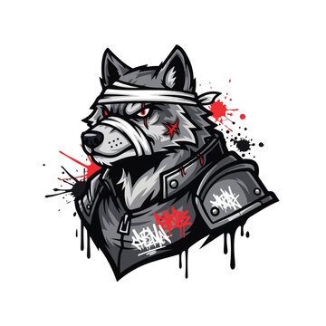 Aggressive wolf character with bandaged eyes and armor, depicted with graffiti splashes and a menacing, dark, urban style against a clean white background