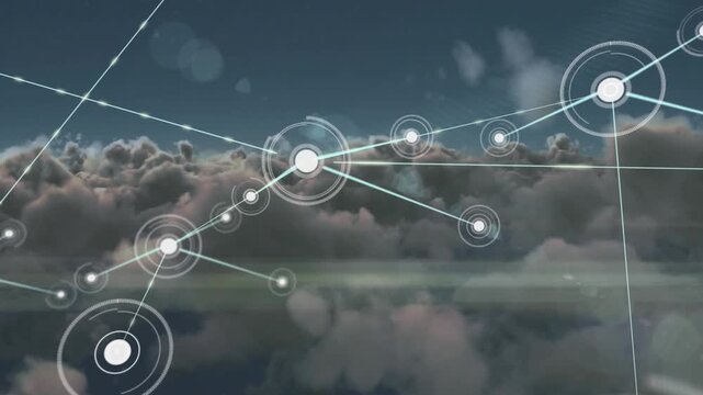 Animation of network of connections against dark clouds in the sky